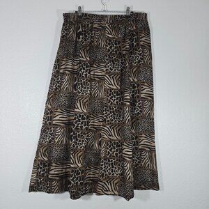 Anna and Frank 100% Silk Midi Skirt Women XL Brown Animal Print Button Front